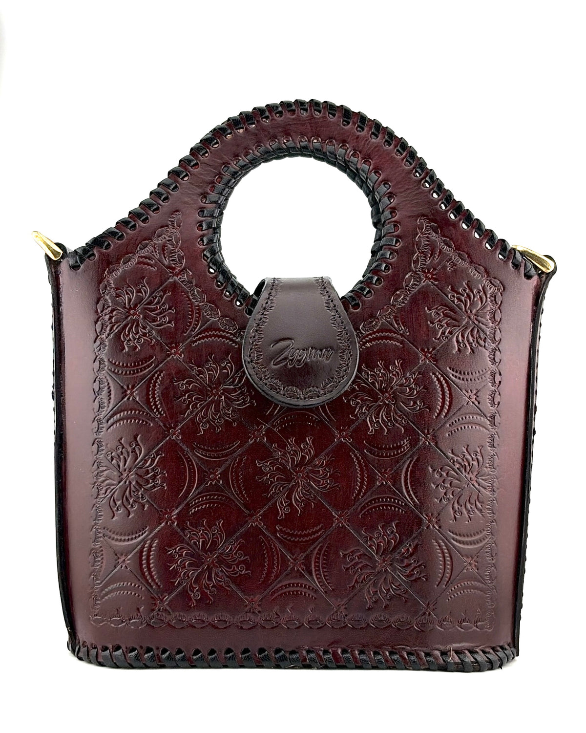 Genuine Leather Handbag for Women | Hand-Embossed Oxblood Bag | Zygma | tusha design | deep brown