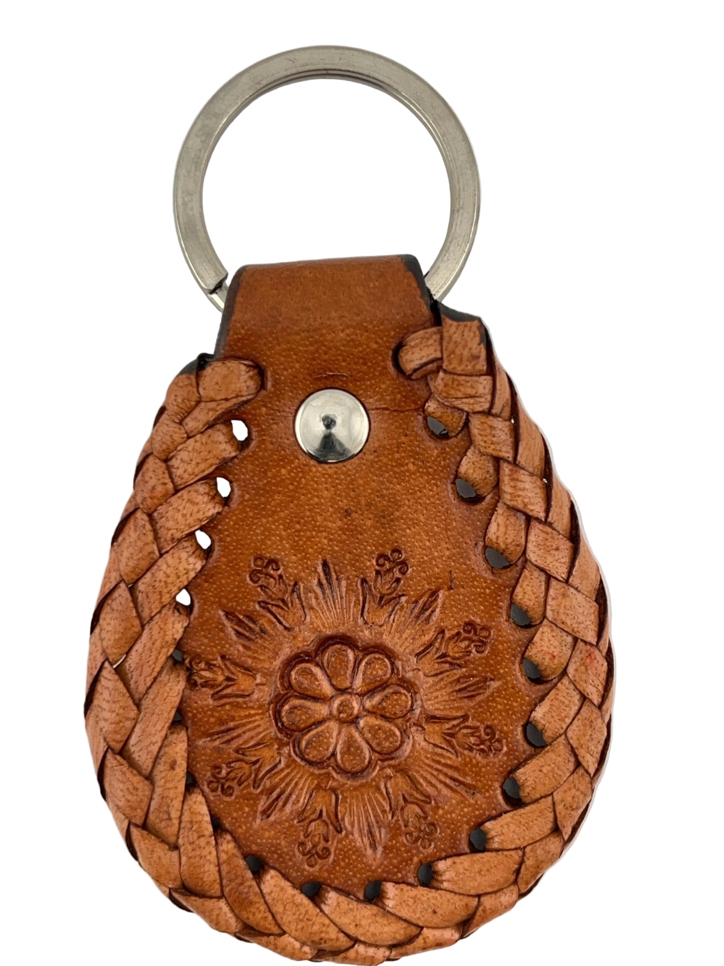 ZYGMA Handcrafted Braided Leather Keychain | Hand-Tooled Floral Embossed Teardrop with Woven Edge
