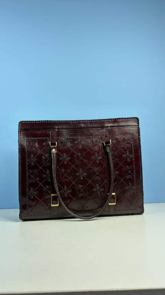 ZYGMA Genuine Leather Oversized Laptop Tote Bag for Women | Dark Brown | Diamond Floral Hand-Tooled | Whipstitch Border