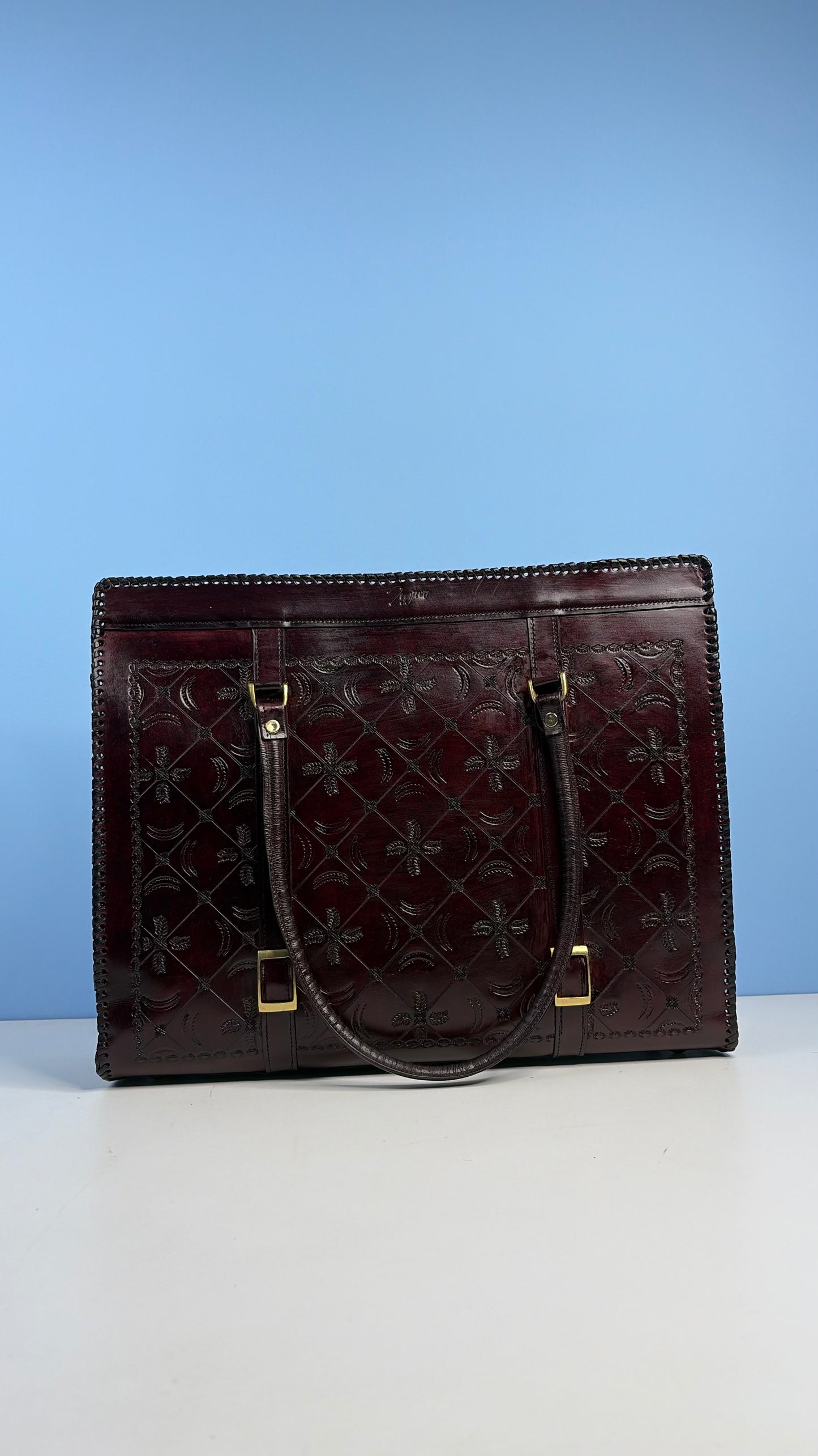 ZYGMA Genuine Leather Oversized Laptop Tote Bag for Women | Dark Brown | Diamond Floral Hand-Tooled | Whipstitch Border