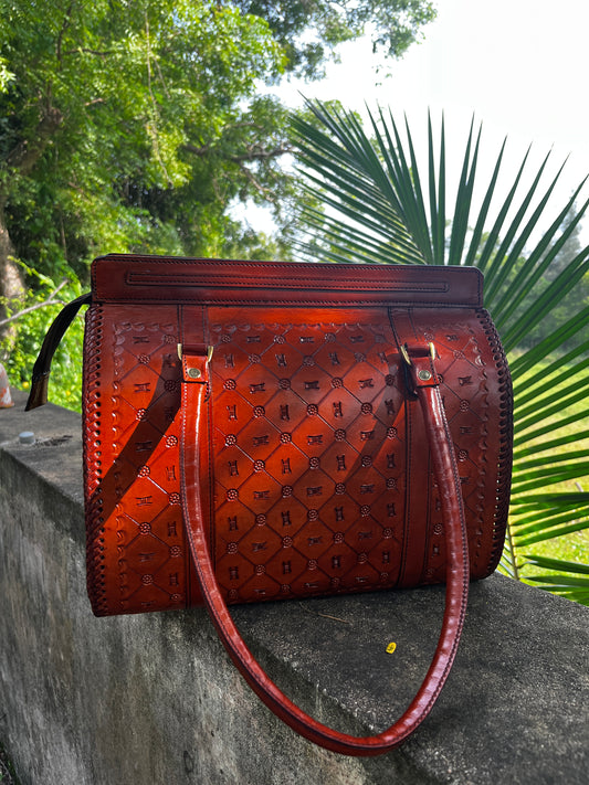 ZYGMA Handcrafted Embossed Leather Tote Bag for Women | Structured Shoulder Bag with Whipstitch Detail