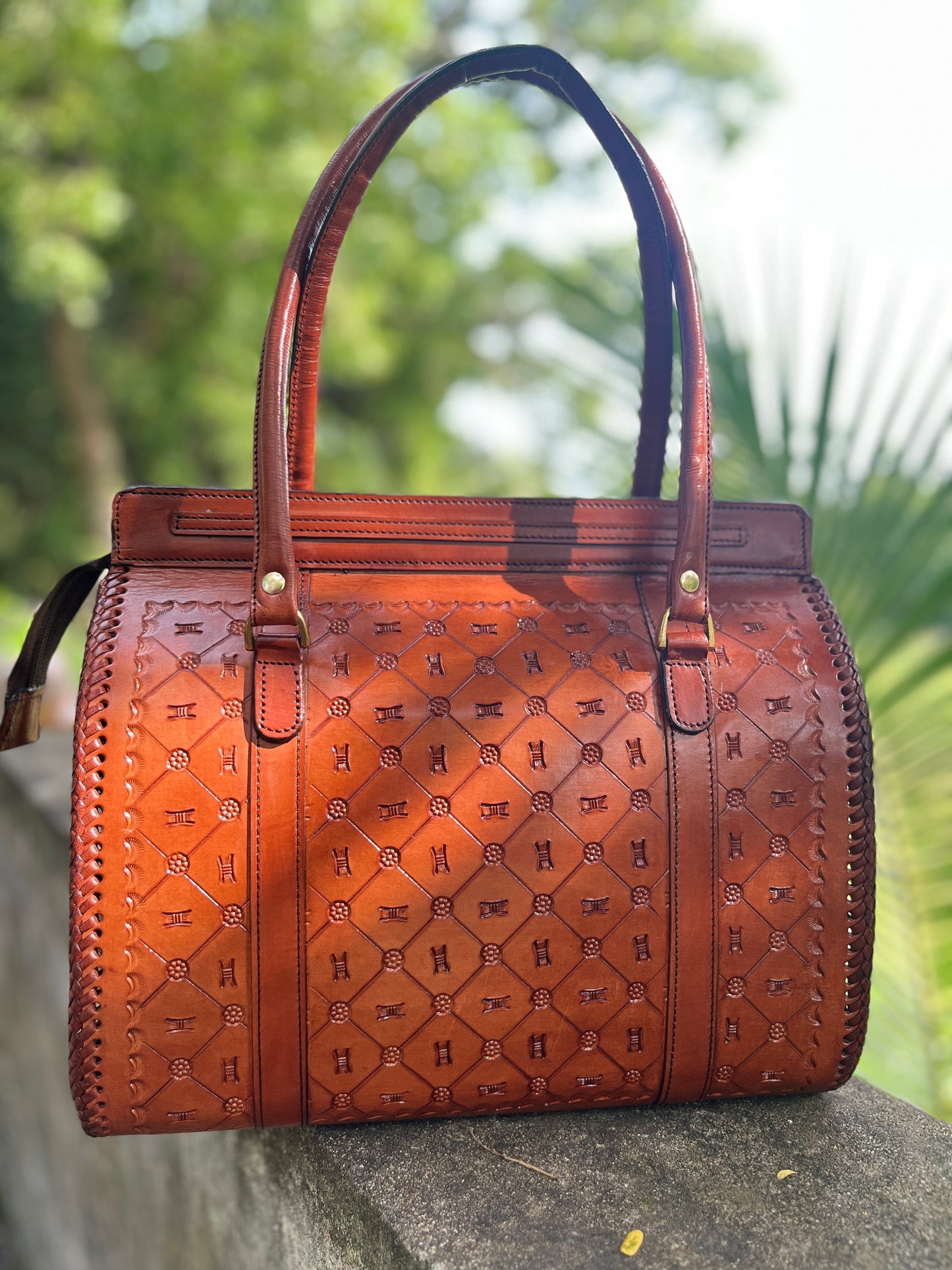 ZYGMA Handcrafted Embossed Leather Tote Bag for Women | Structured Shoulder Bag with Whipstitch Detail