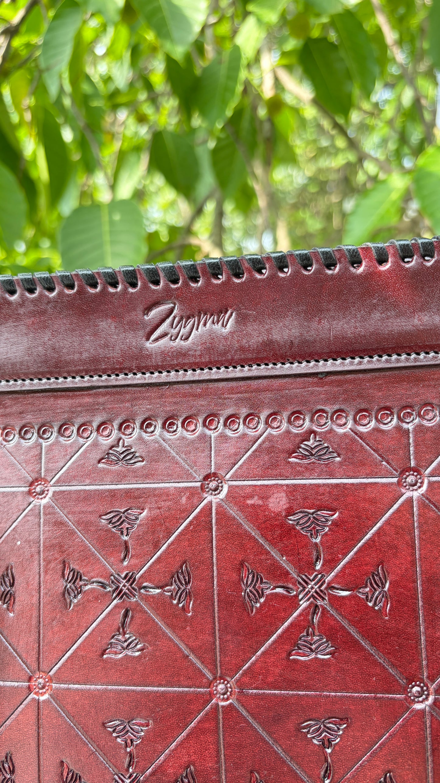 ZYGMA Handmade Genuine Leather Oversized Tote Bag for Women | Deep Burgundy | Cross Diamond Hand-Tooled | Punched Whipstitch Border | Large Capacity