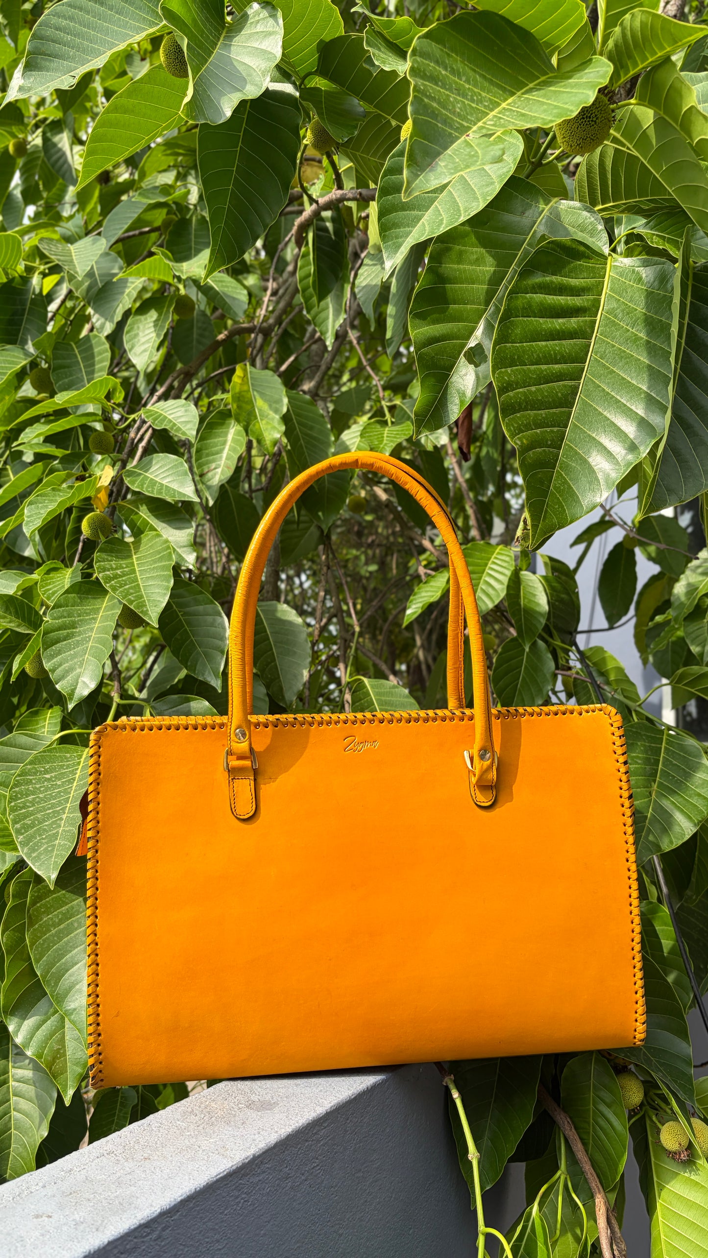 ZYGMA Handmade Genuine Leather 16 inch laptop bag for Women | Mustard Yellow | Clean Minimal Design | Whipstitch Edge | Office & College Bag