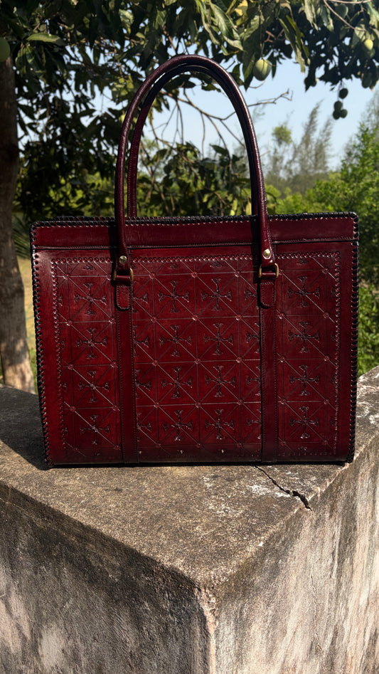 ZYGMA Handmade Genuine Leather Oversized Tote Bag for Women | Deep Burgundy | Cross Diamond Hand-Tooled | Punched Whipstitch Border | Large Capacity