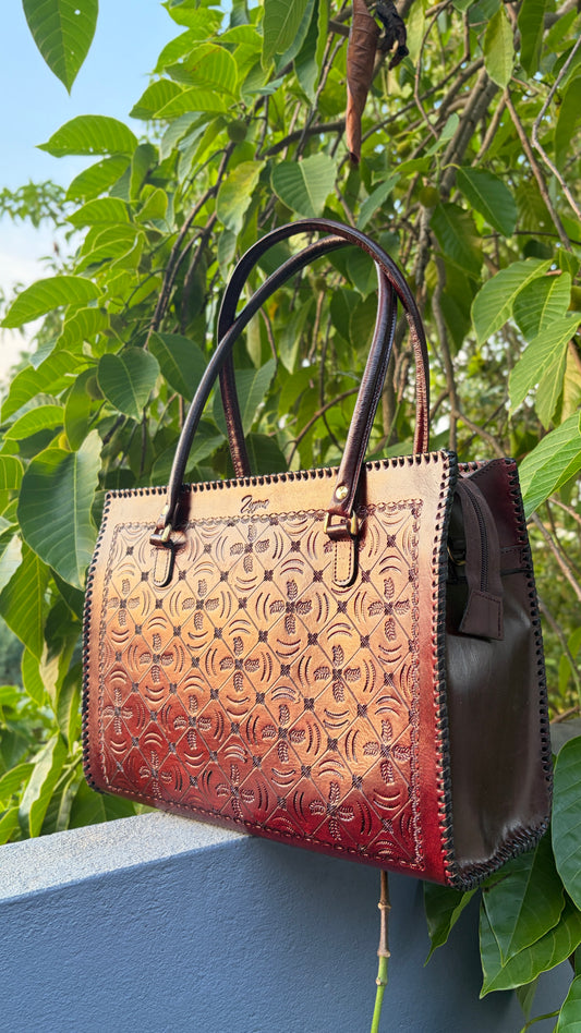 ZYGMA 14-Inch Handmade Genuine Leather Laptop Bag for Women | Deep Burgundy Ombre | Leaf Design
