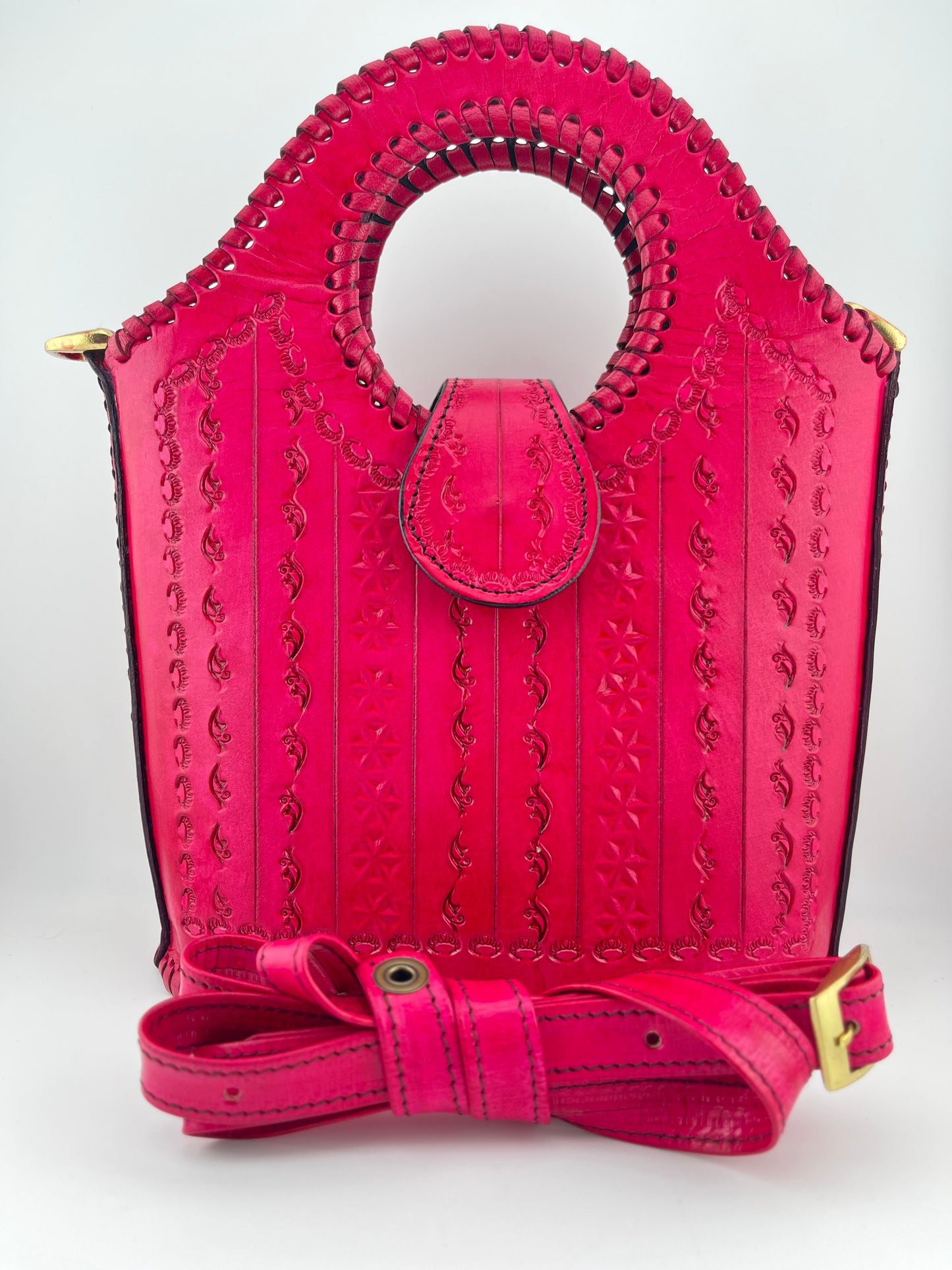 Zygma Handmade Genuine Leather Handbag for Women | Traditional Stamped Artisan Tote Bag – Pink