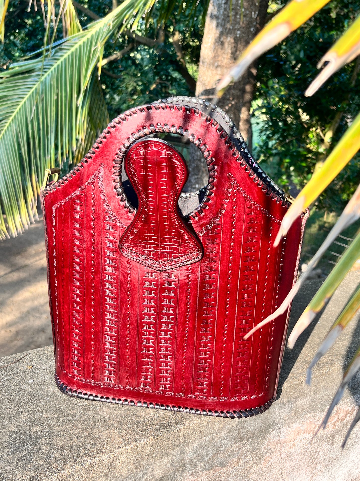 Zygma Handmade Genuine Leather Tote Sling Bag for Women – Deep Red Embossed Design