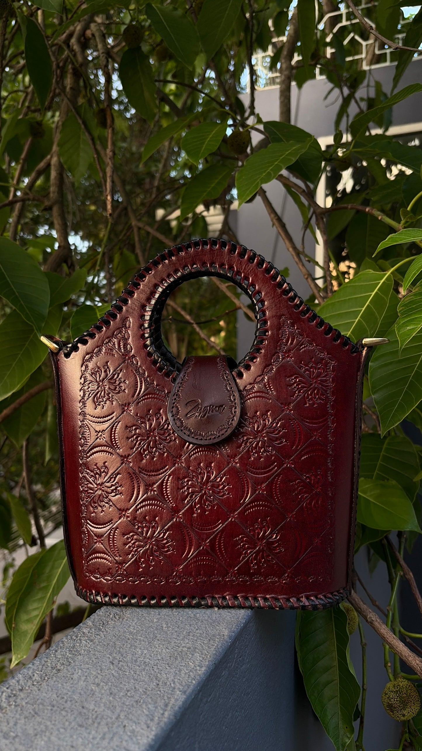 Genuine Leather Handbag for Women | Hand-Embossed Oxblood Bag | Zygma | tusha design | deep brown