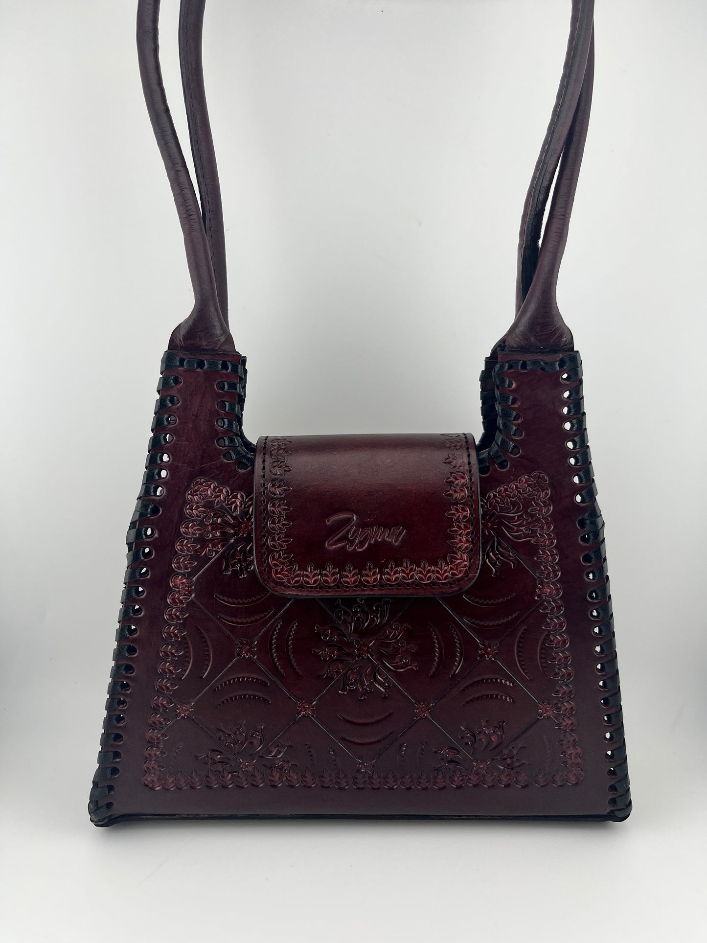 Zygma Handmade Genuine Leather Handbag for Women | Hand-Stamped Floral Diamond Tote | Black Whipstitch Edges | Burgundy Wine | Small Structured Shoulder Bag | Zygma Embossed Flap | Artisan Ethnic Purse