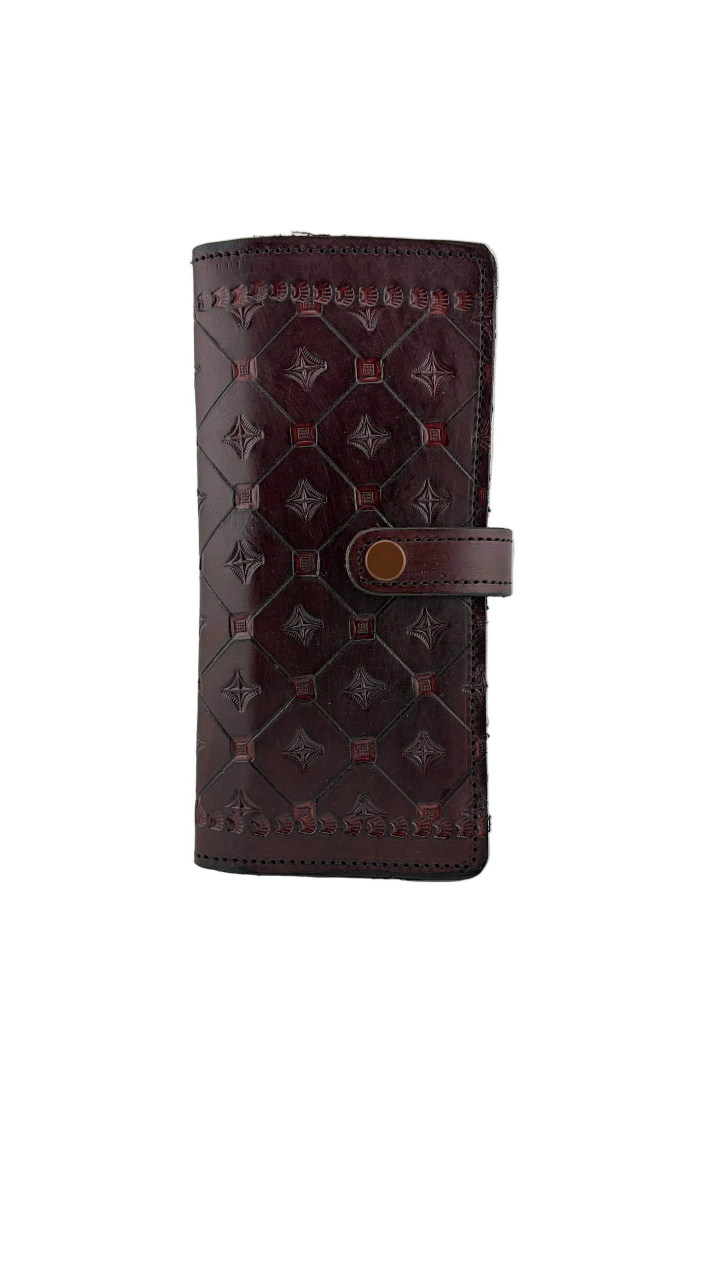 A dark burgundy leather wallet with an embossed geometric pattern and a snap-button strap closure, shown on a neutral light gray background.