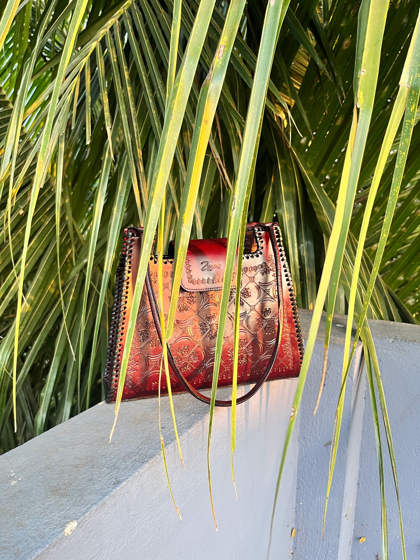 Zygma Handmade Genuine Leather Handbag for Women | Hand-Stamped Floral Diamond Tote | Black Whipstitch Edges | Burgundy Wine | Medium Structured Shoulder Bag | Zygma Embossed Flap | Artisan Ethnic Purse