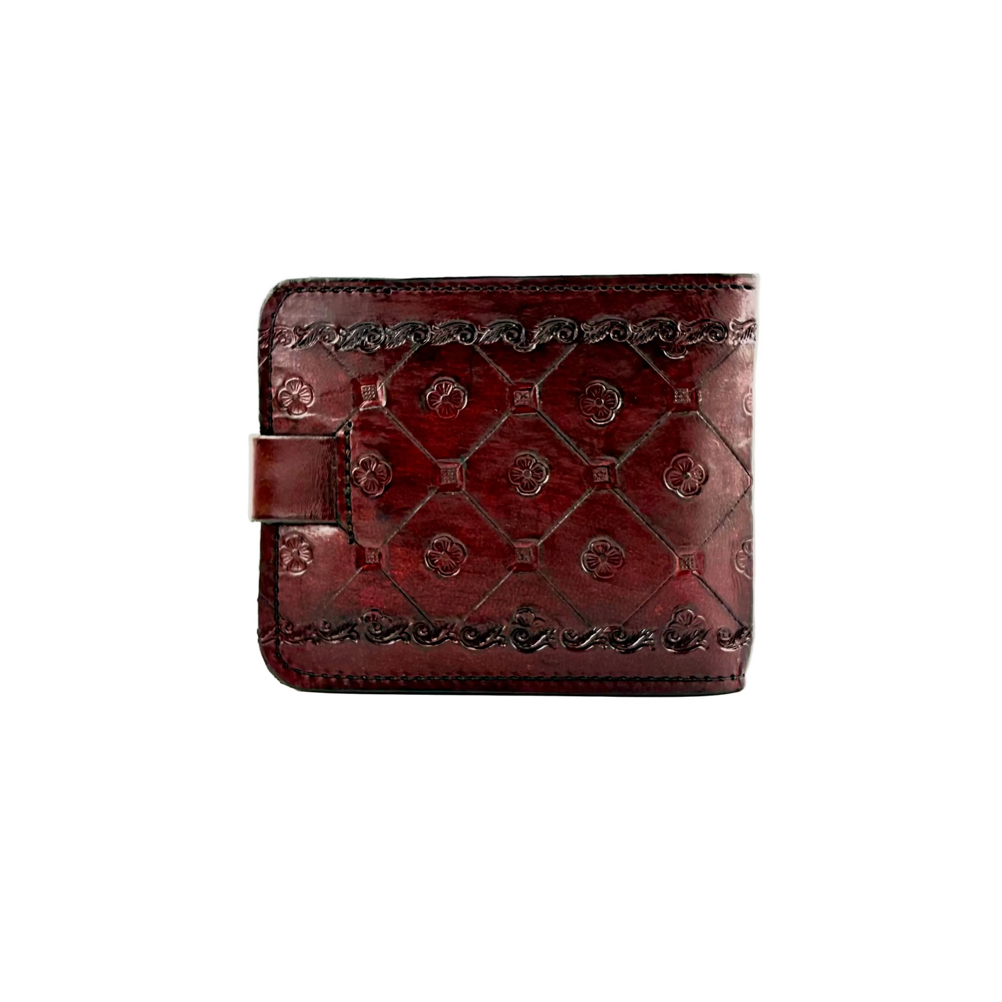 A dark reddish-brown leather bifold wallet with embossed diamond and floral patterns, decorative stitched borders, and a side tab closure, shown on a light gray background.