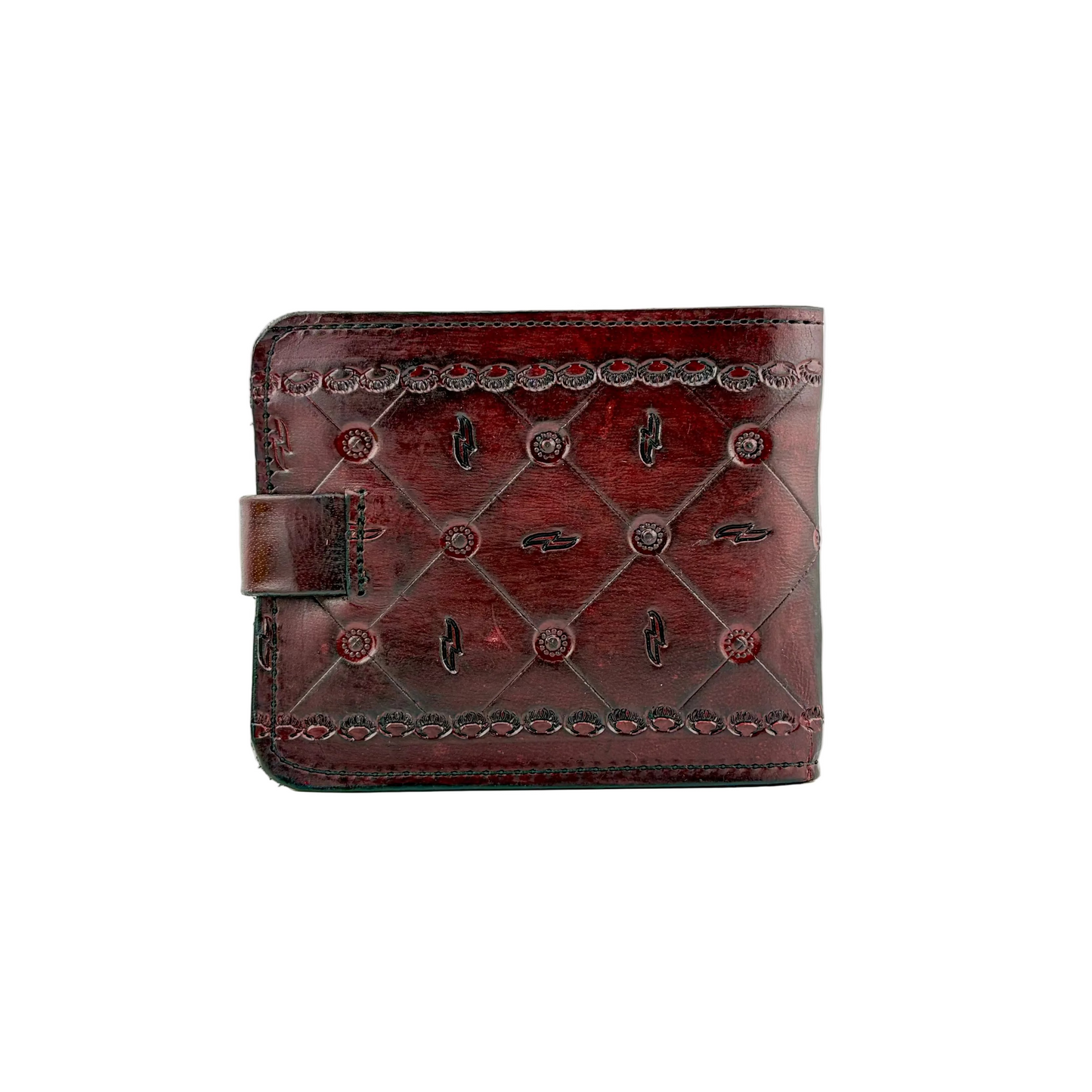 A dark reddish-brown leather bifold wallet with hand-stitched diamond quilting, decorative tooling, and a side tab closure, shown on a light gray background.