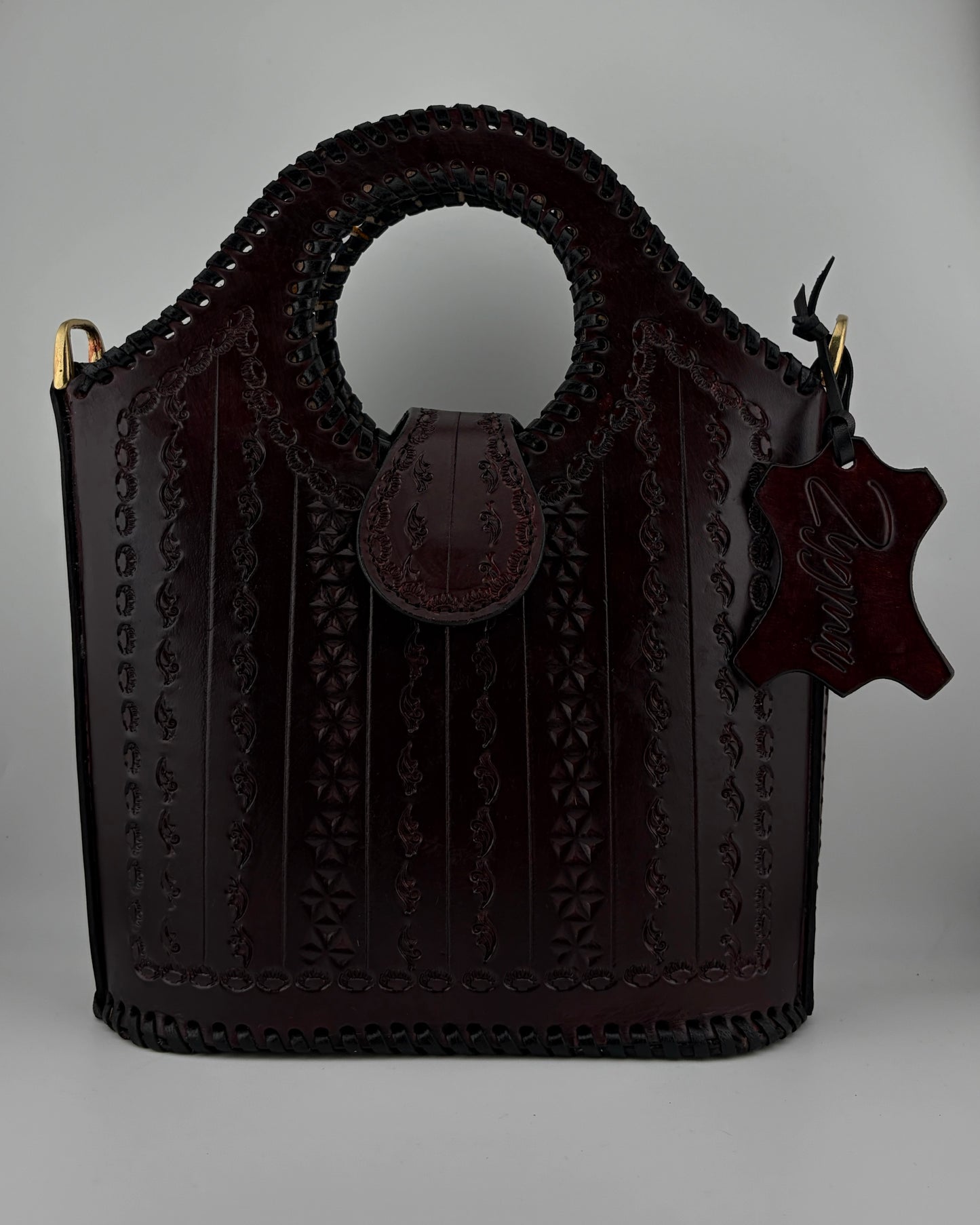 Zygma Handmade Genuine Leather Handbag for Women | Circular Whipstitch Handle | small Structured Bag | Crossbody Strap | Brown
