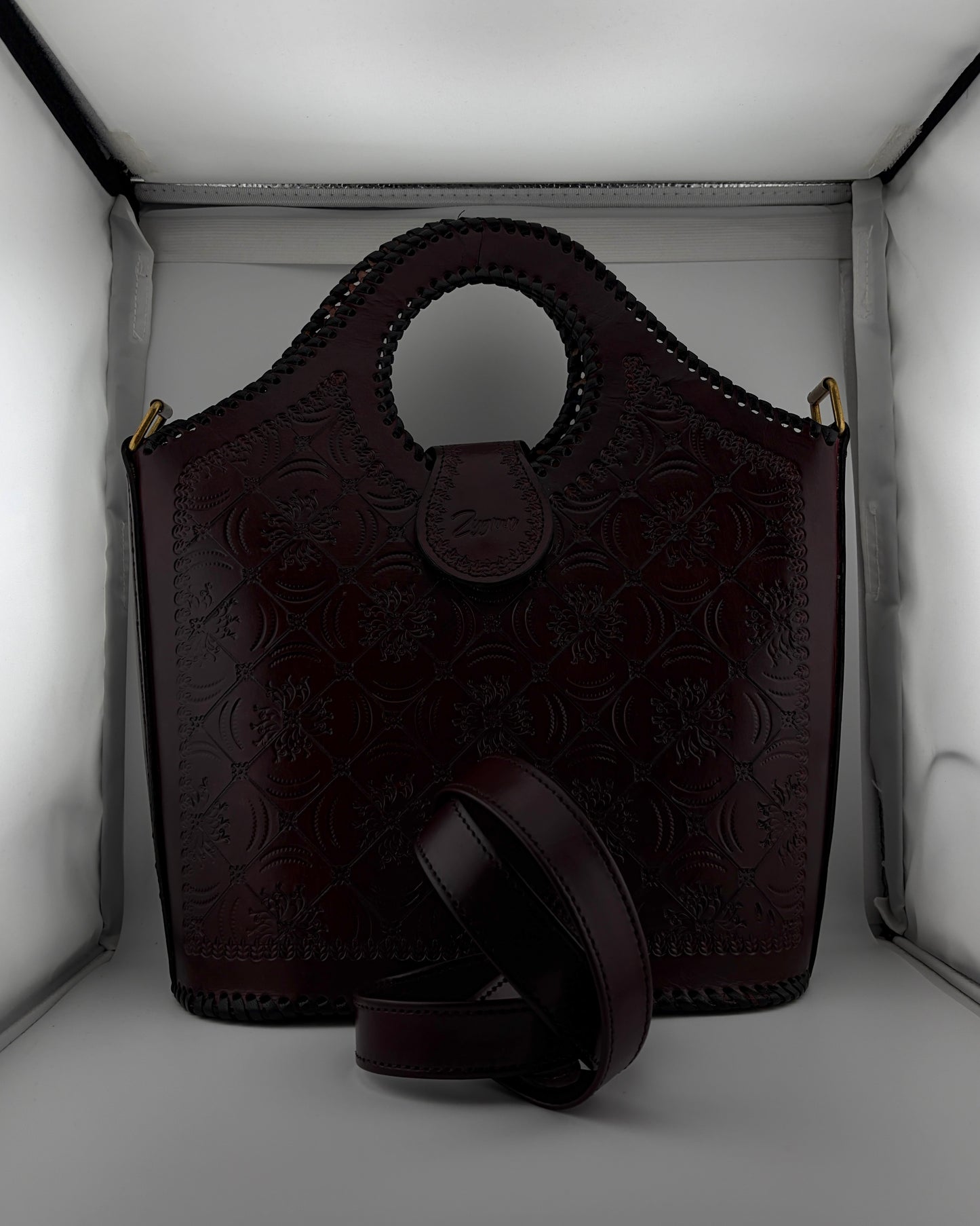 Zygma Handmade Genuine Leather Tote Sling Bag for Women – Deep Red Embossed Design