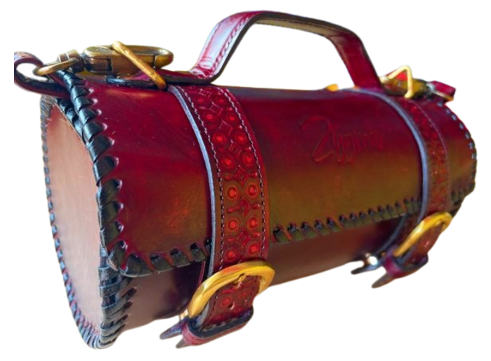 zygma Cylindrical Leather Sling Bag, Vintage Style Barrel Purse with Decorative Stitching, Burgundy
