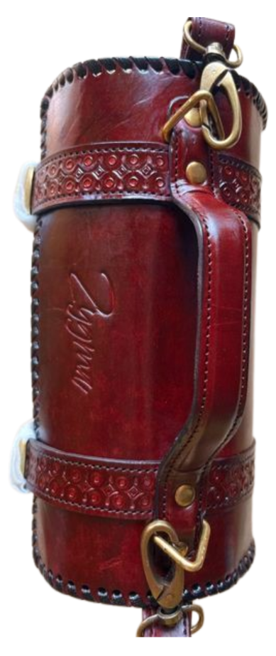 zygma Cylindrical Leather Sling Bag, Vintage Style Barrel Purse with Decorative Stitching, Burgundy