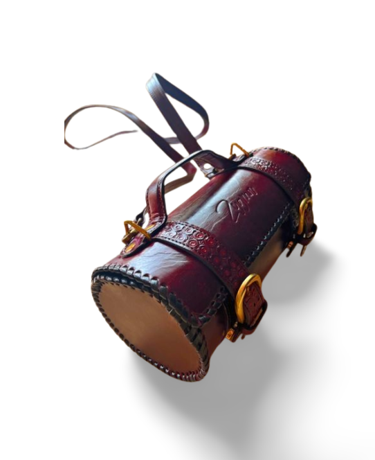 zygma Cylindrical Leather Sling Bag, Vintage Style Barrel Purse with Decorative Stitching, Burgundy