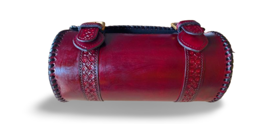 zygma Cylindrical Leather Sling Bag, Vintage Style Barrel Purse with Decorative Stitching, Burgundy