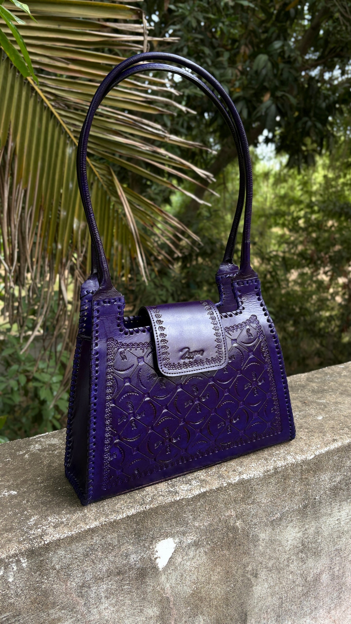 Zygma Handmade Genuine Leather Handbag for Women | Hand-Stamped Floral Diamond Tote | Black Whipstitch Edges | Burgundy Wine | Medium Structured Shoulder Bag | Zygma Embossed Flap | Artisan Ethnic Purse