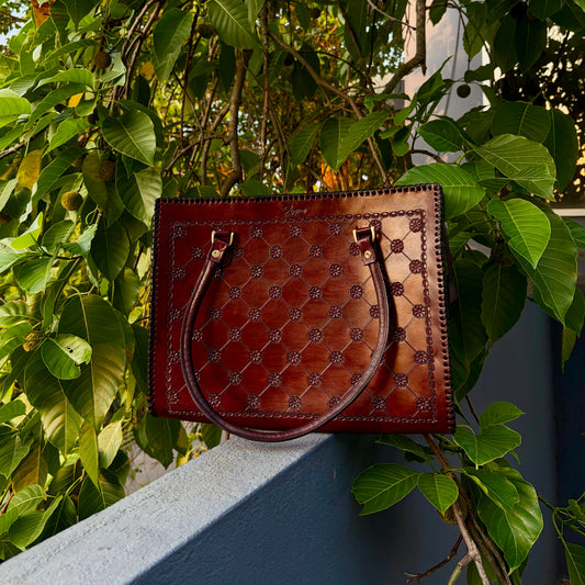 ZYGMA 14-Inch Handmade Genuine Leather Laptop Tote Bag | Floral Diamond-Quilt Design | Cognac Brown | Dual Handle + Crossbody Strap