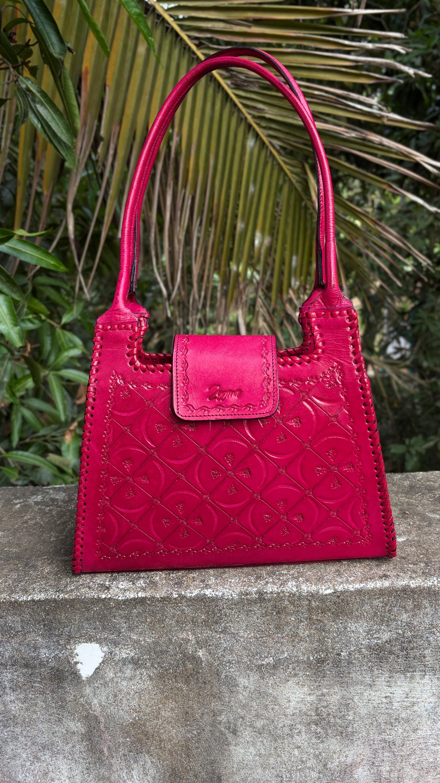 Zygma Handmade Genuine Leather Handbag for Women | Hand-Stamped Floral Diamond Tote | Black Whipstitch Edges | Burgundy Wine | Medium Structured Shoulder Bag | Zygma Embossed Flap | Artisan Ethnic Purse