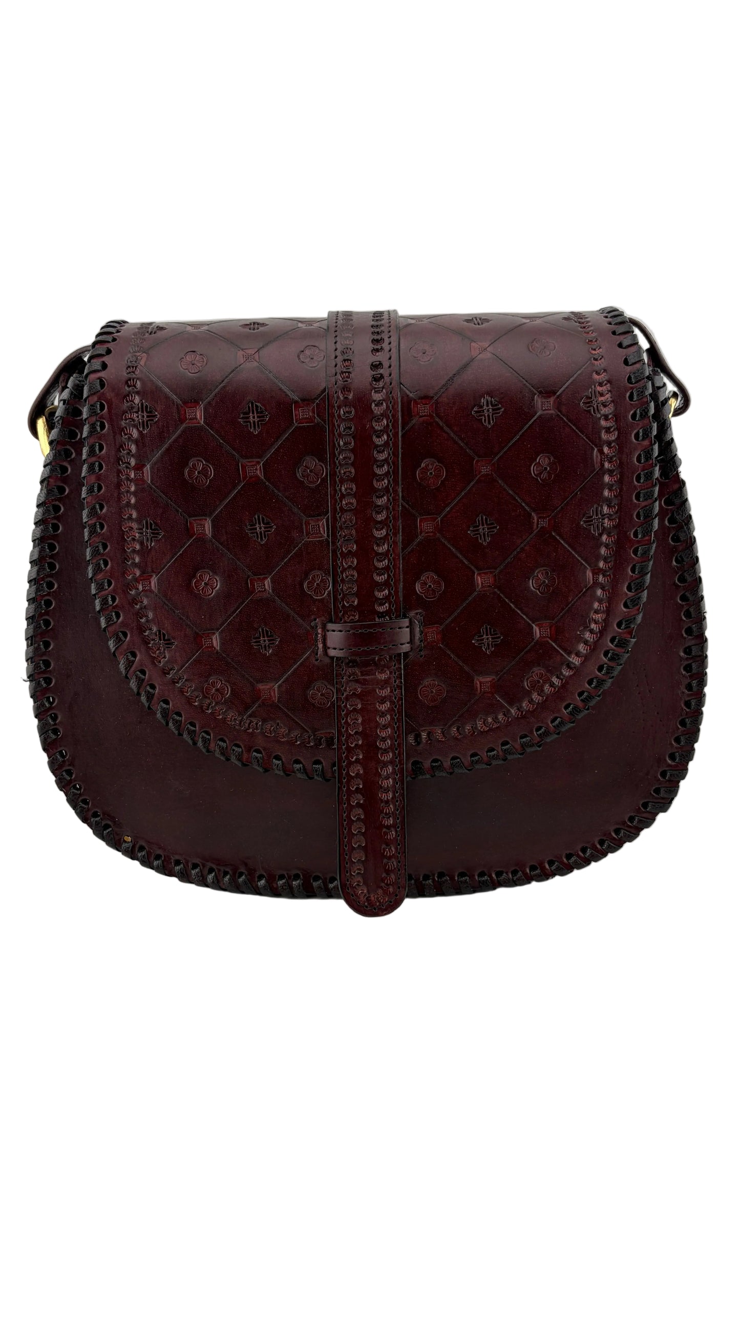 ZYGMA Handmade Genuine Leather Round Saddle Crossbody Bag | deep brown | Diamond Clover Embossed Flap | Whipstitch Edge | Top Handle + Crossbody Strap