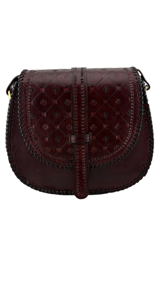 ZYGMA Handmade Genuine Leather Round Saddle Crossbody Bag | deep brown | Diamond Clover Embossed Flap | Whipstitch Edge | Top Handle + Crossbody Strap