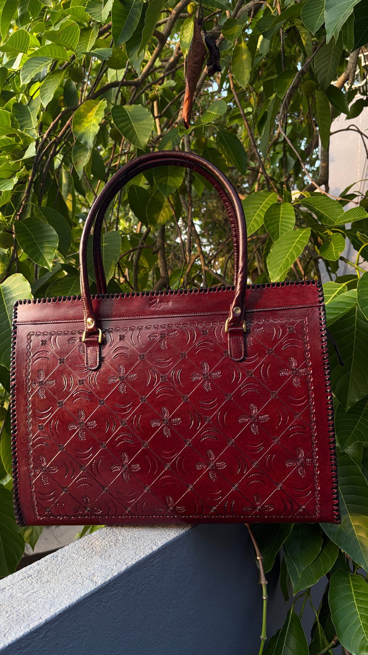 ZYGMA 16-Inch Handmade Genuine Leather Laptop Tote Bag for Women | Gagana Medium Leaf Design |deep Brown | Botanical Leaf Pattern | Office & College Bag