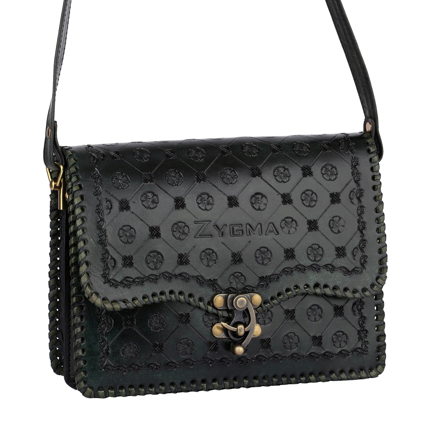 ZYGMA Embossed Leather Crossbody Sling Bag for Women-Green