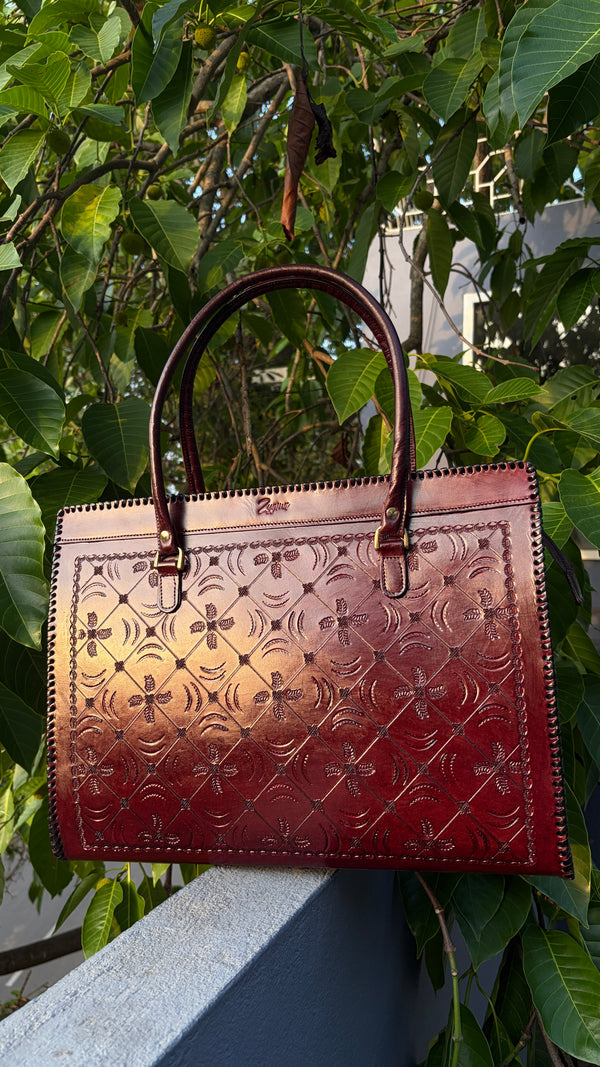ZYGMA 16-Inch Handmade Genuine Leather Laptop Tote Bag for Women | Gagana Medium Leaf Design | Medium Brown | Botanical Leaf Pattern | Office & College Bag