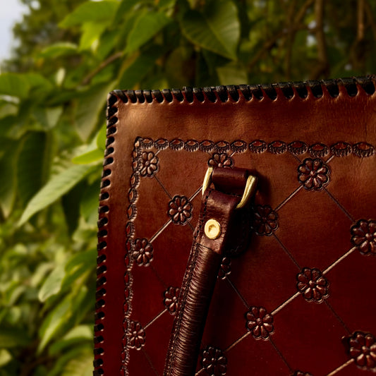 ZYGMA 14-Inch Handmade Genuine Leather Laptop Tote Bag | Floral Diamond-Quilt Design | Cognac Brown | Dual Handle + Crossbody Strap