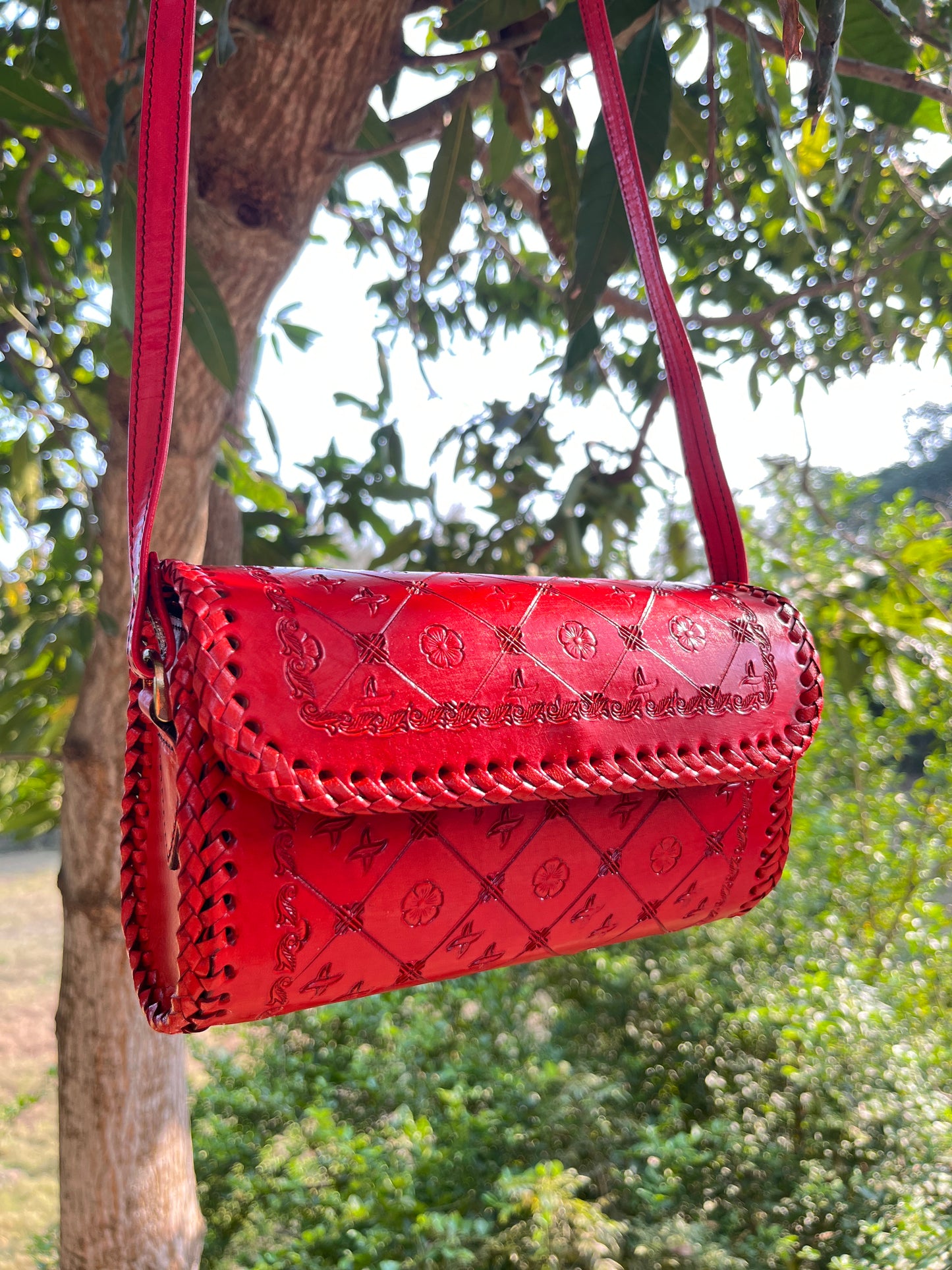 Zygma Hand-Embossed Genuine Red Leather Clutch – Artisan Hand-Stitched Evening Bag