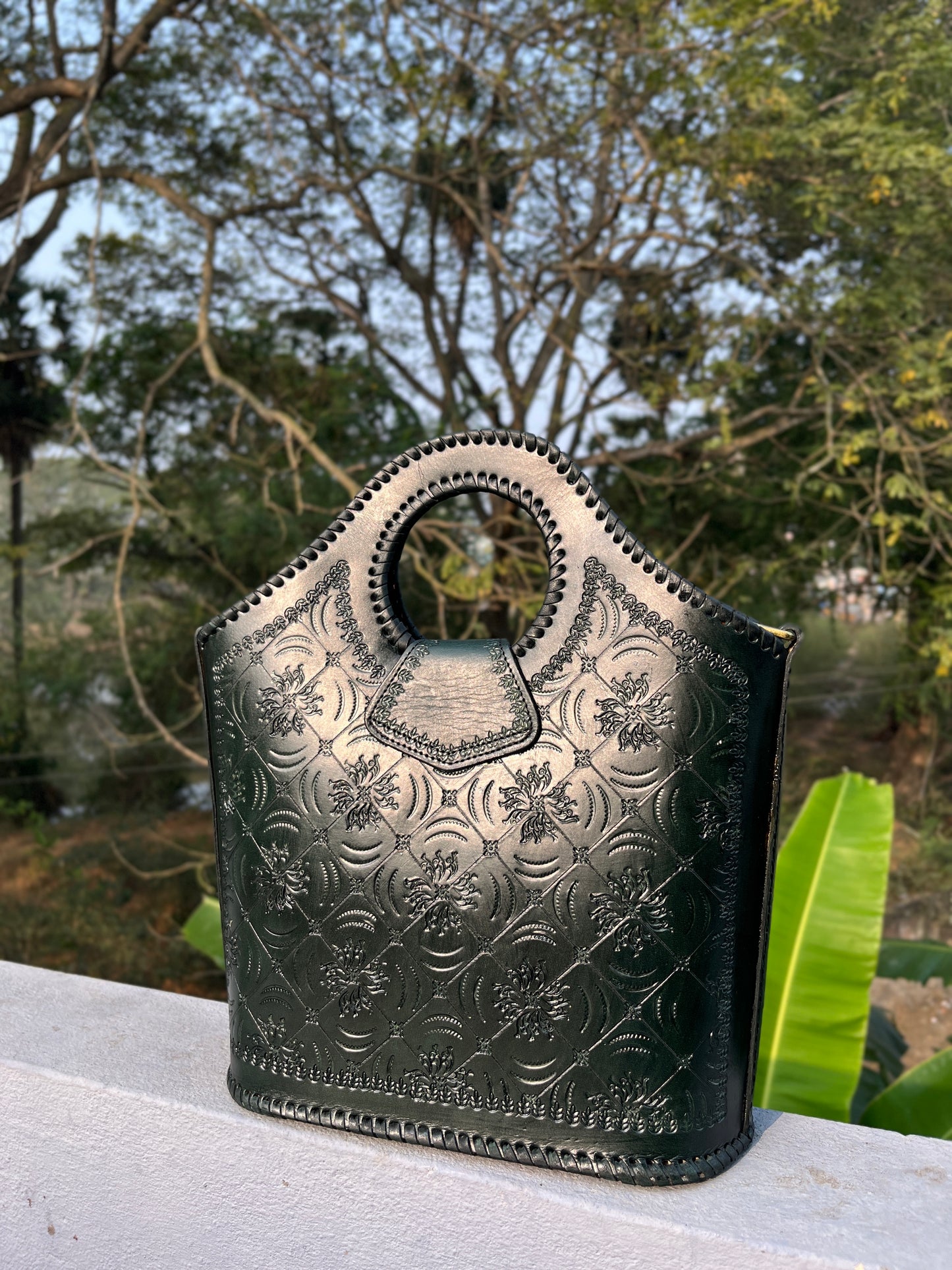 Zygma Handmade Genuine Leather Handbag for Women | Hand-Stamped Floral Tote | Circular Whipstitch Handle | Medium Structured Bag | Crossbody Strap | Black & Green | Artisan Ethnic Boho Purse