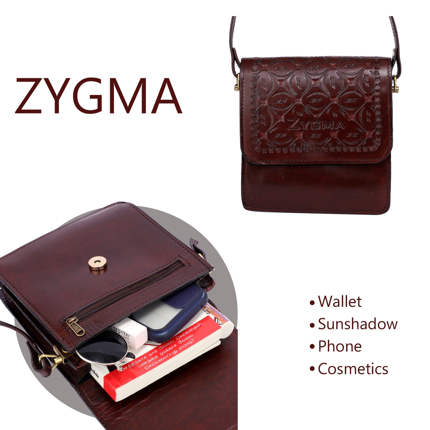 Zygma® Genuine Handmade Leather Sling Crossbody Bag for women (Dark Brown)