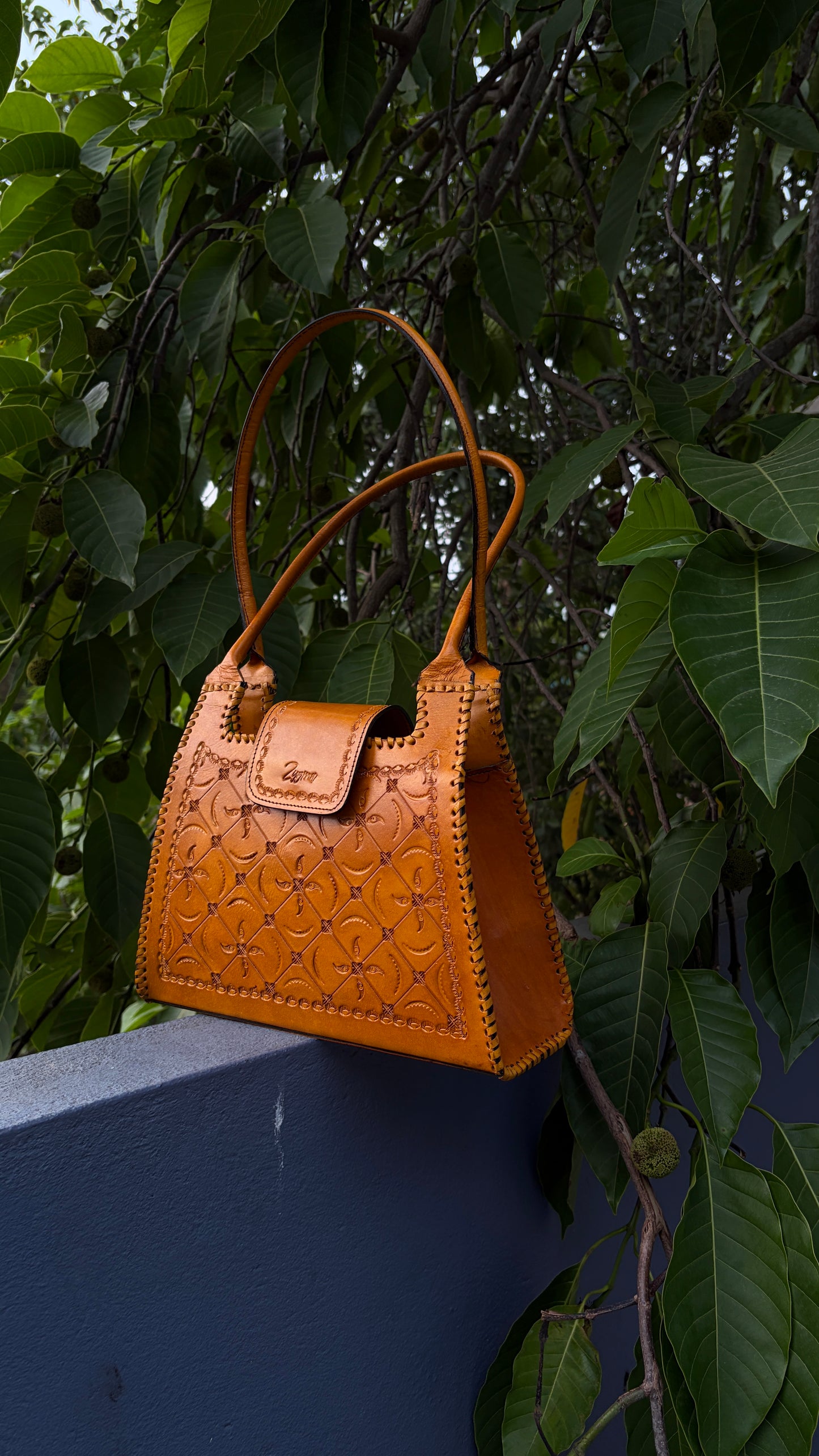 Zygma Handmade Genuine Leather Handbag for Women | Hand-Stamped Floral Diamond Tote | Black Whipstitch Edges | Burgundy Wine | Medium Structured Shoulder Bag | Zygma Embossed Flap | Artisan Ethnic Purse