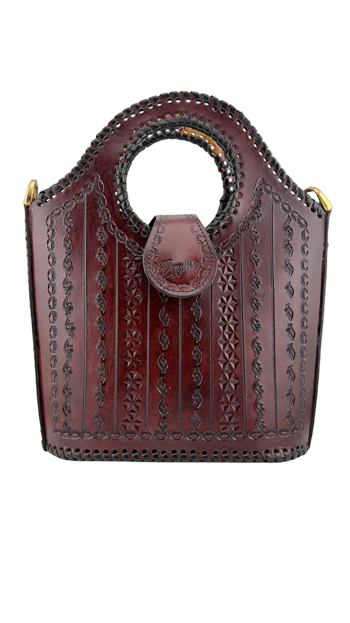 Zygma Handmade Genuine Leather Handbag for Women | Circular Whipstitch Handle | small Structured Bag | Crossbody Strap | Brown
