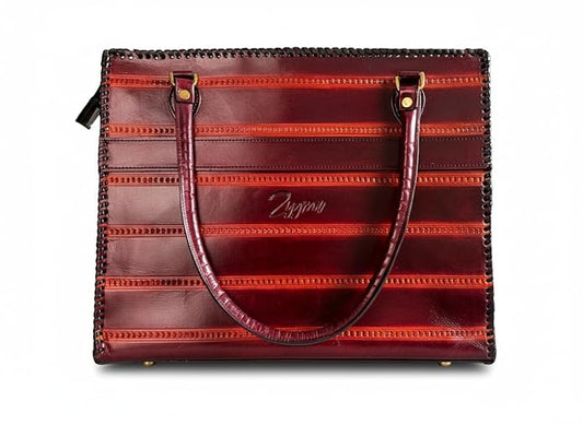 zygma Genuine Leather office Tote bag, brown Striped Pattern, women office bag Double Handle Tote with Black Stitched Border