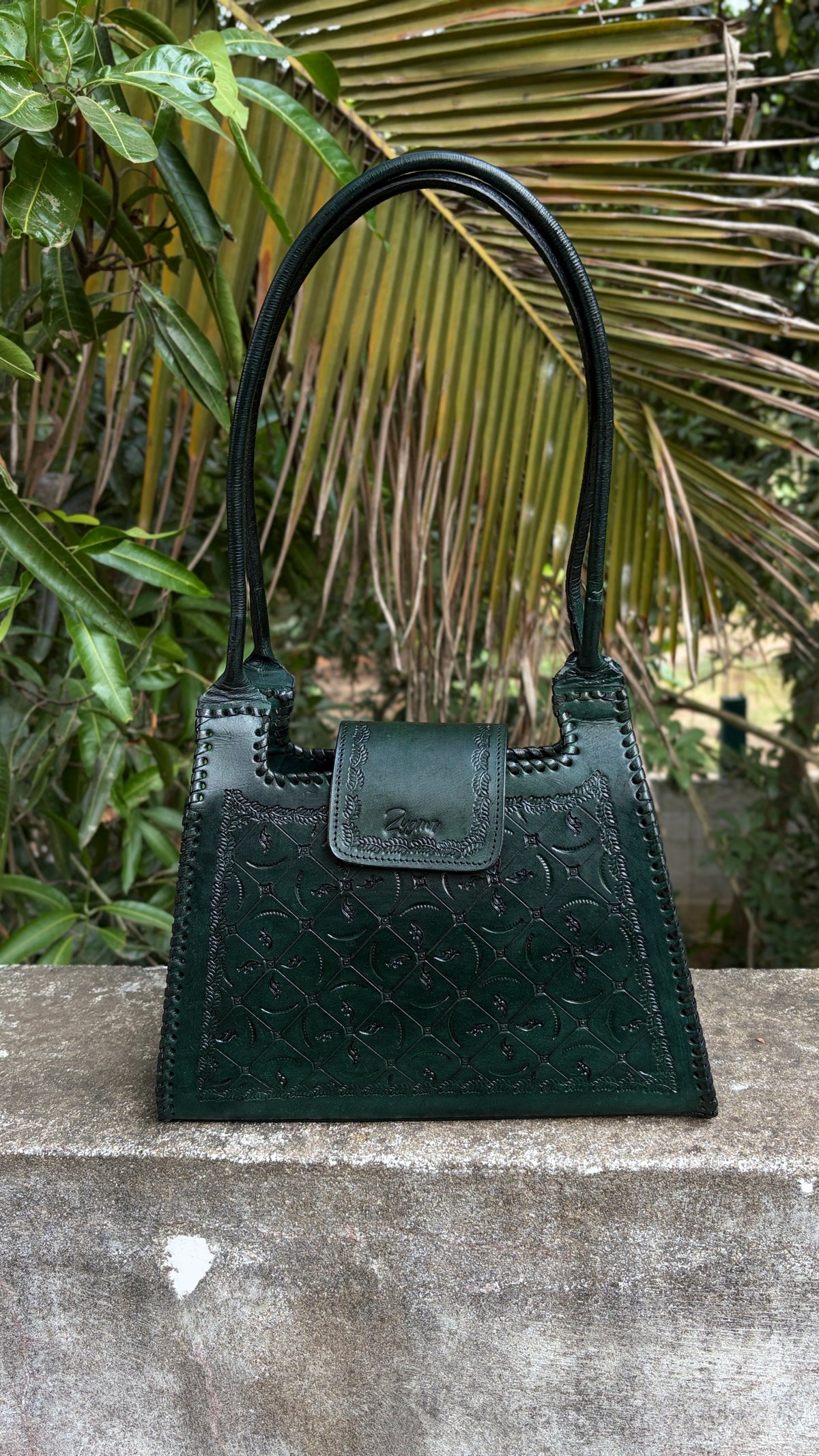 Zygma Handmade Genuine Leather Handbag for Women | Hand-Stamped Floral Diamond Tote | Black Whipstitch Edges | Burgundy Wine | Medium Structured Shoulder Bag | Zygma Embossed Flap | Artisan Ethnic Purse