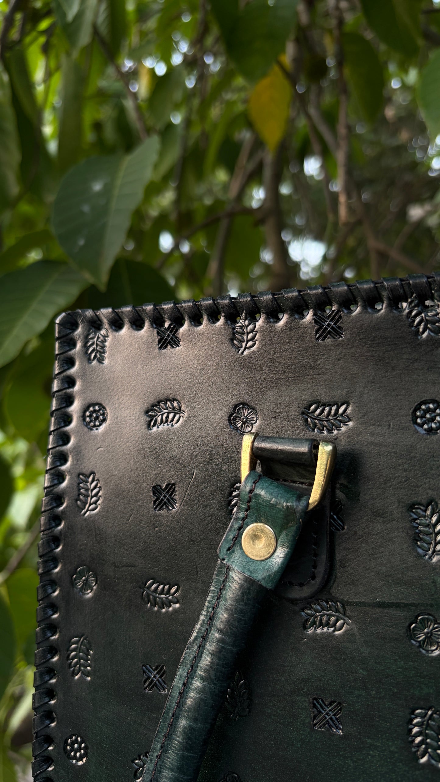 ZYGMA 14-Inch Handmade Genuine Leather Laptop Bag for Women | Dark Green | Botanical Motif Hand-Stamped Design | Office Tote with Whipstitch Edge
