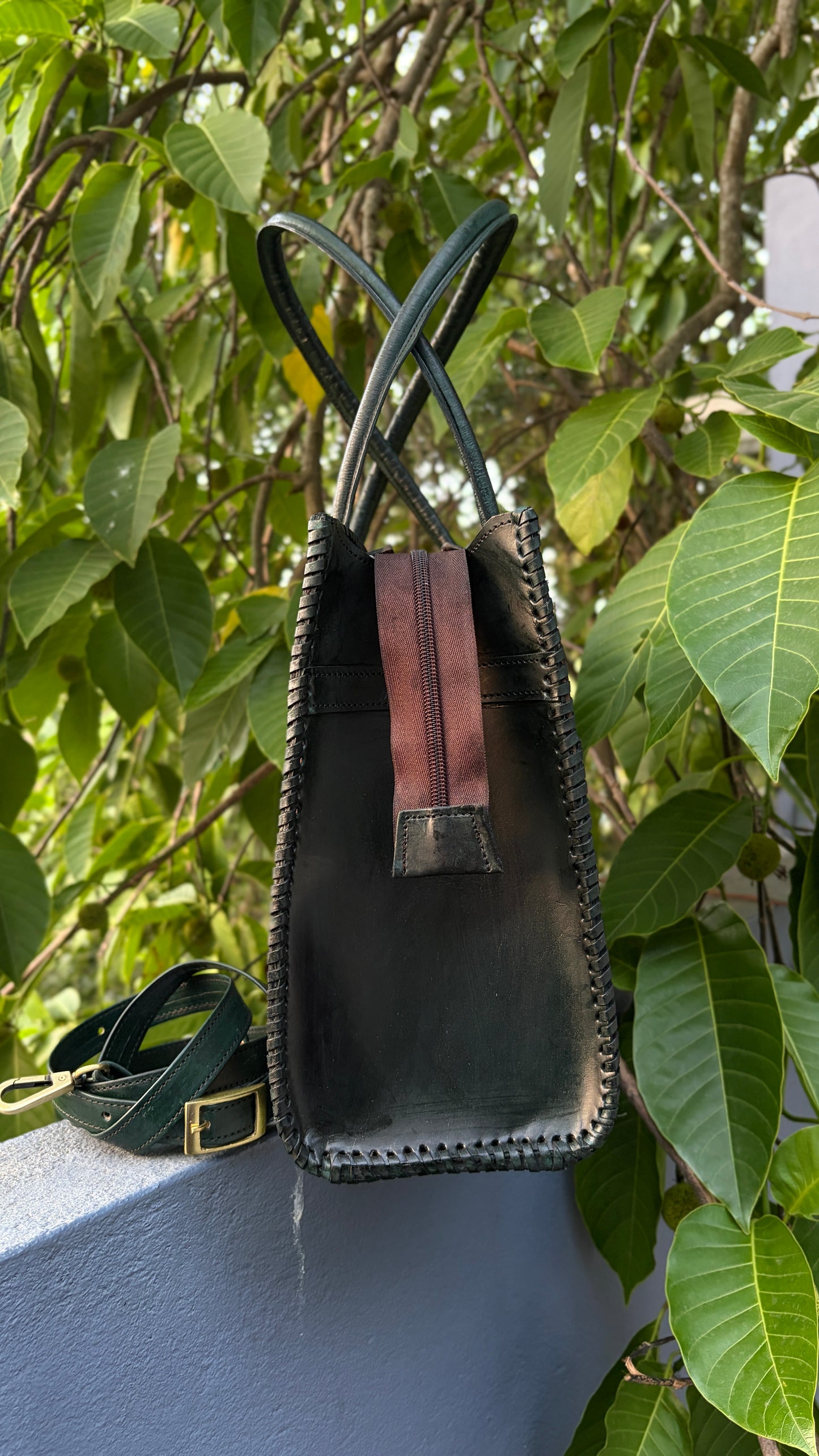 ZYGMA 14-Inch Handmade Genuine Leather Laptop Bag for Women | Dark Green | Botanical Motif Hand-Stamped Design | Office Tote with Whipstitch Edge