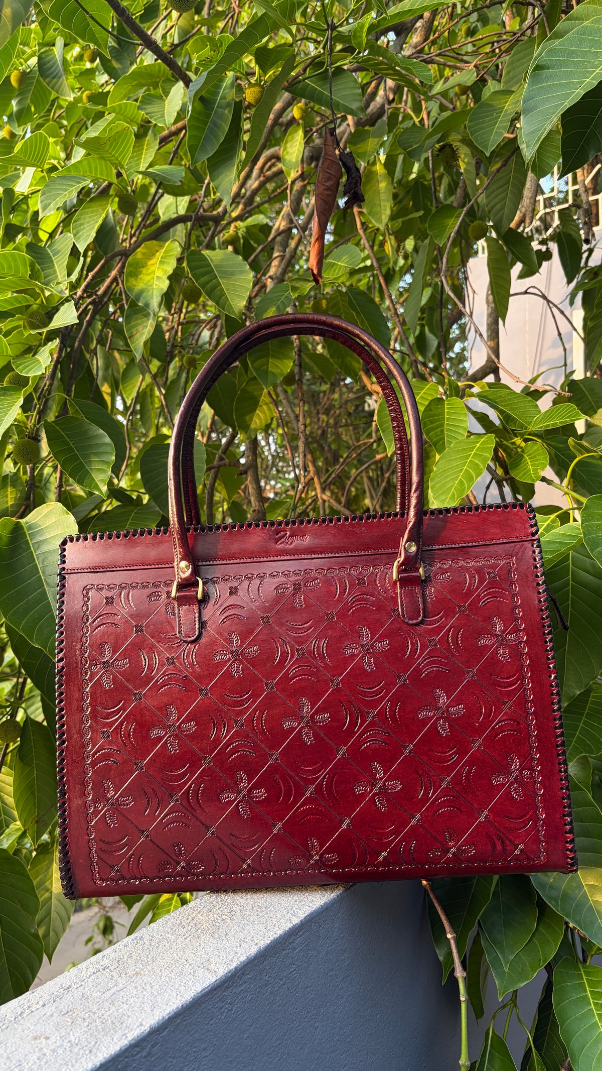 ZYGMA 16-Inch Handmade Genuine Leather Laptop Tote Bag for Women | Gagana Medium Leaf Design |deep Brown | Botanical Leaf Pattern | Office & College Bag