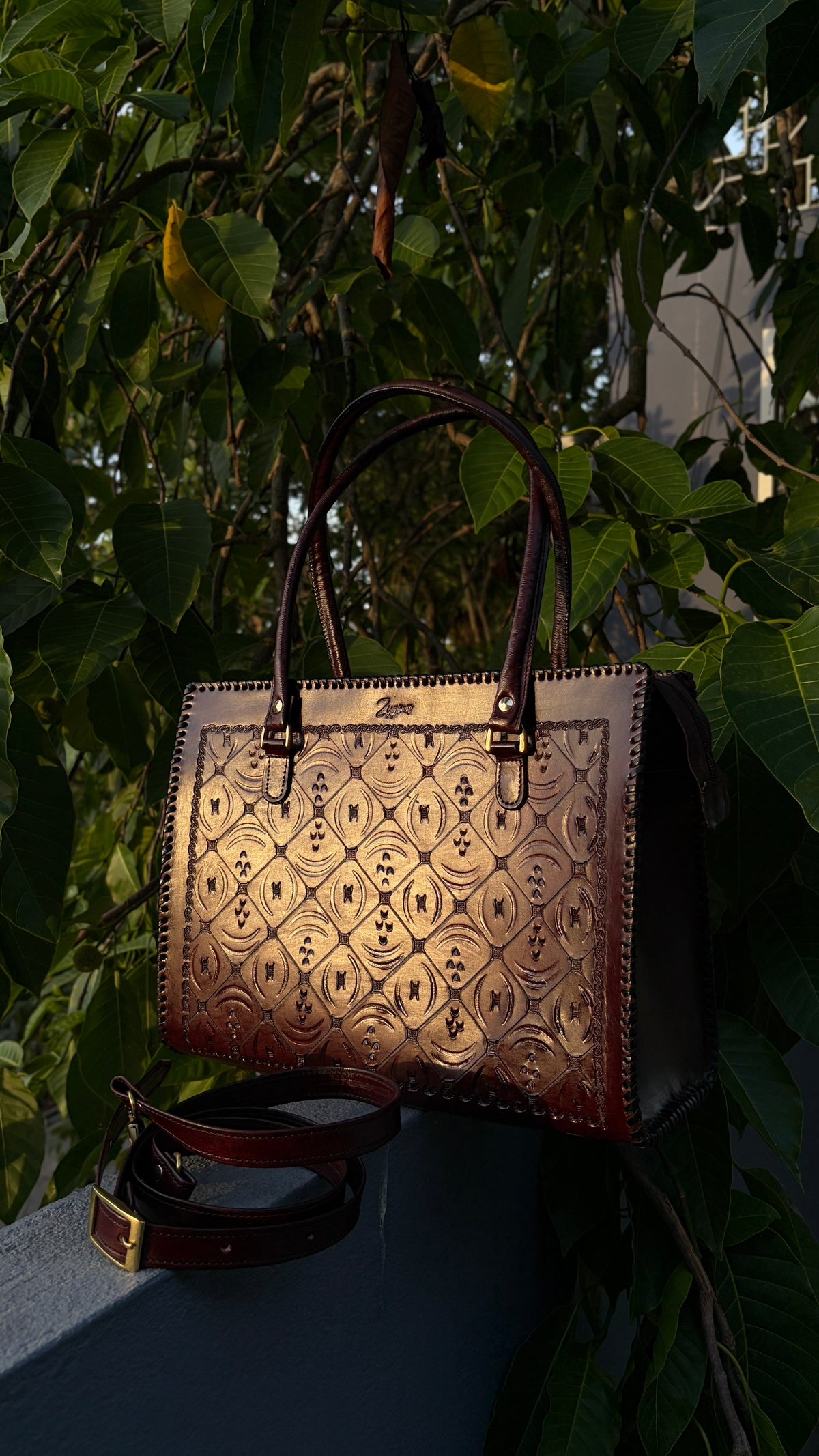 ZYGMA 14-Inch Handmade Genuine Leather Laptop Tote Bag | Deep Golden Ombre to Burgundy | Drops Design