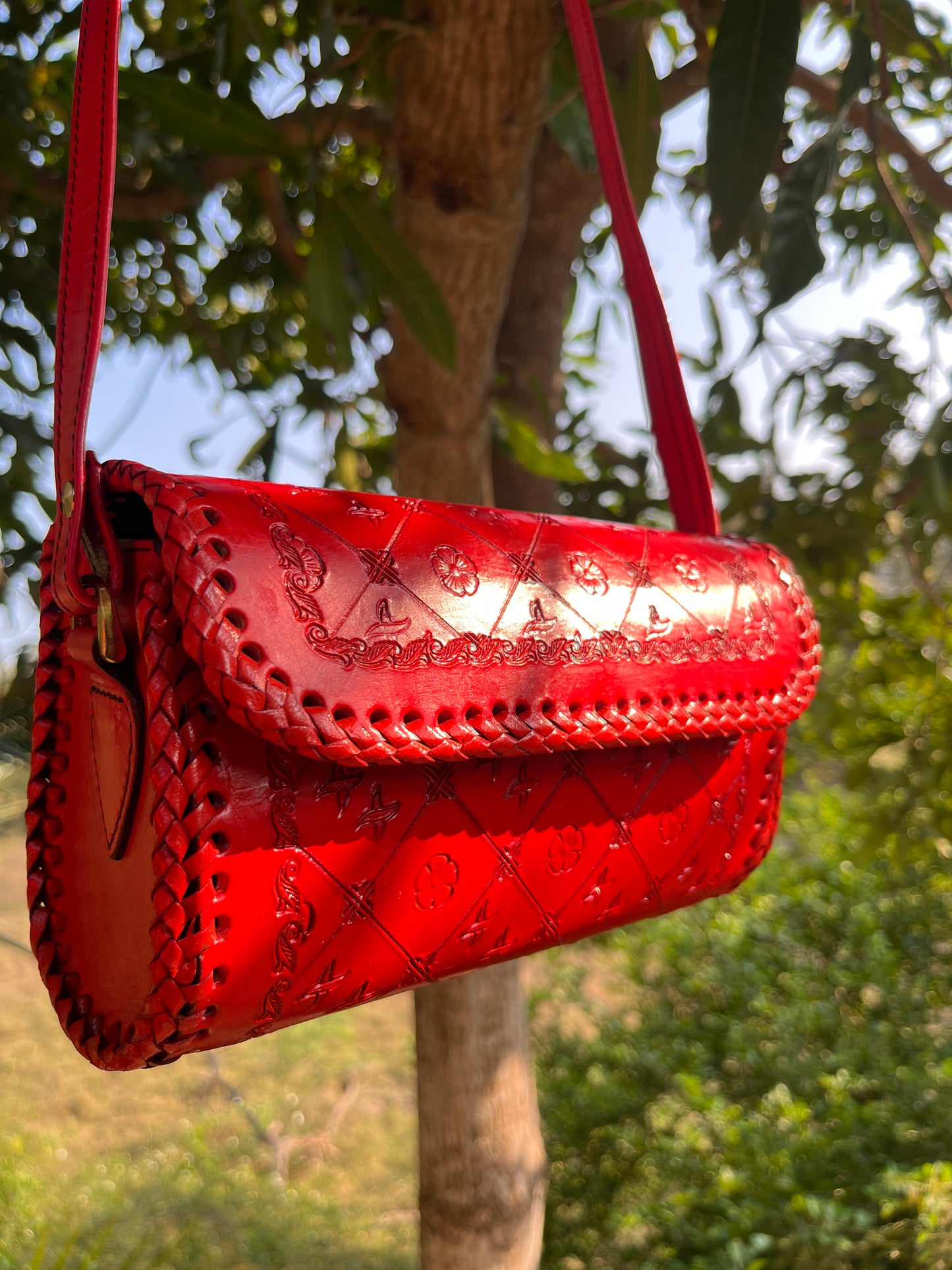 Zygma Hand-Embossed Genuine Red Leather Clutch – Artisan Hand-Stitched Evening Bag