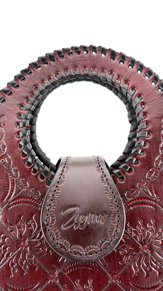 Genuine Leather Handbag for Women | Hand-Embossed Oxblood Bag | Zygma | tusha design | deep brown