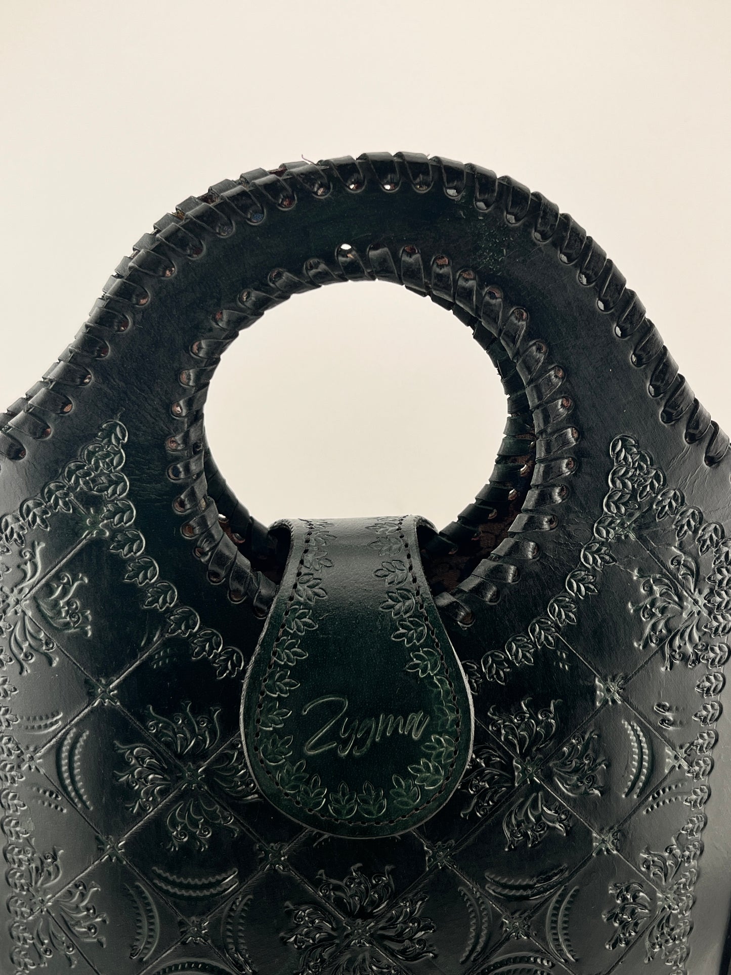 Zygma Handmade Genuine Leather Handbag for Women | Circular Whipstitch Handle | small Structured Bag | Crossbody Strap | Black & Green