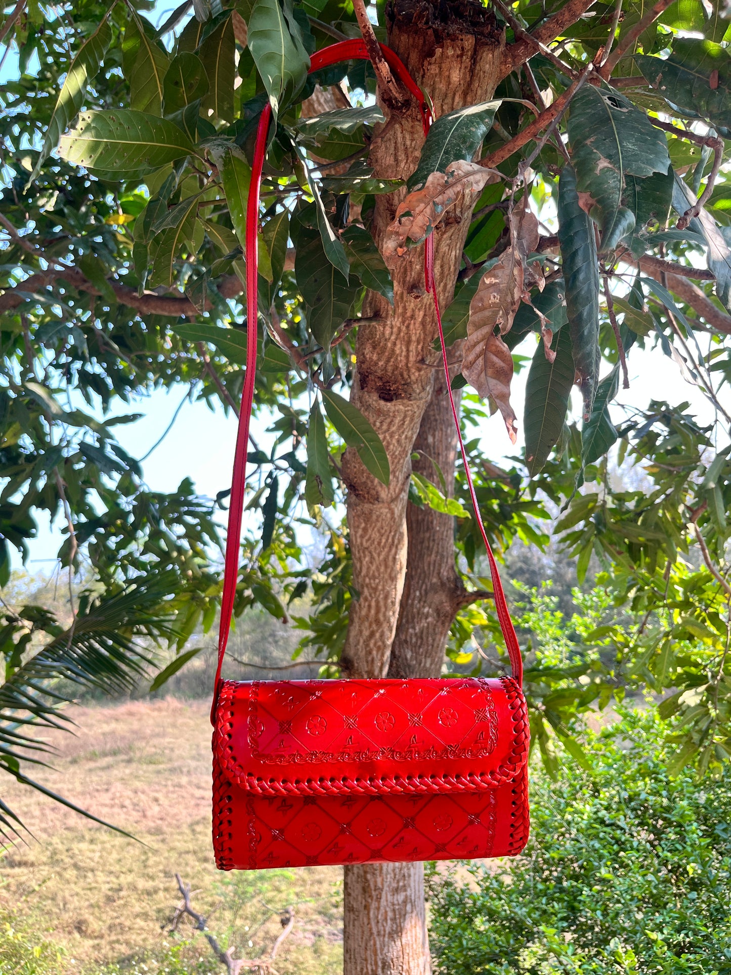 Zygma Hand-Embossed Genuine Red Leather Clutch – Artisan Hand-Stitched Evening Bag