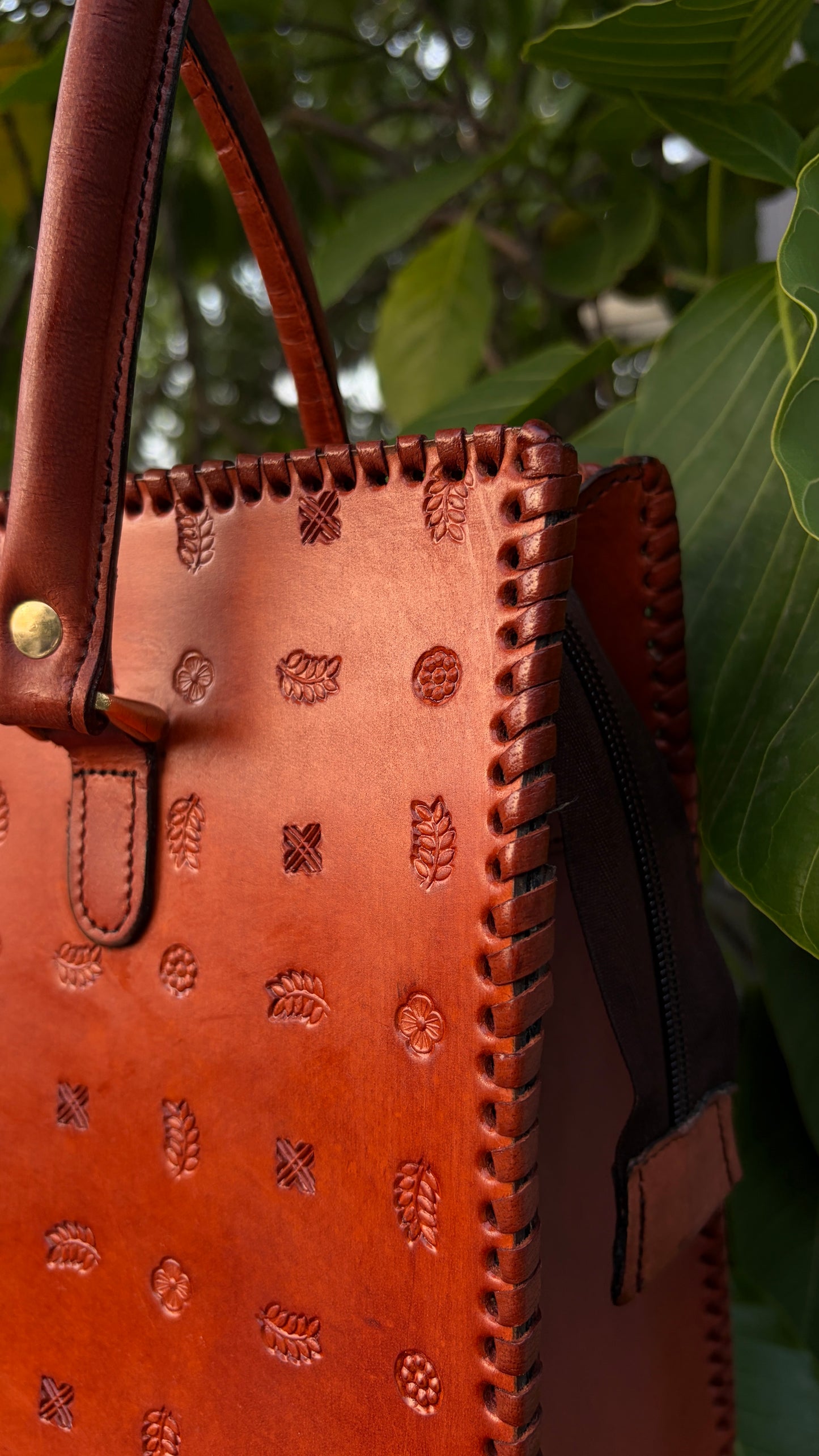 ZYGMA 14-Inch Handmade Genuine Leather Laptop Bag for Women | Tan Brown | Botanical Motif Hand-Stamped Design | Office Tote with Whipstitch Edge