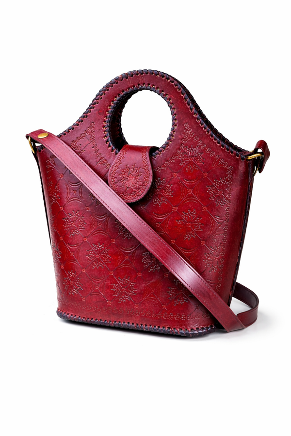 Zygma Handmade Genuine Leather Tote Sling Bag for Women – Deep Red Embossed Design